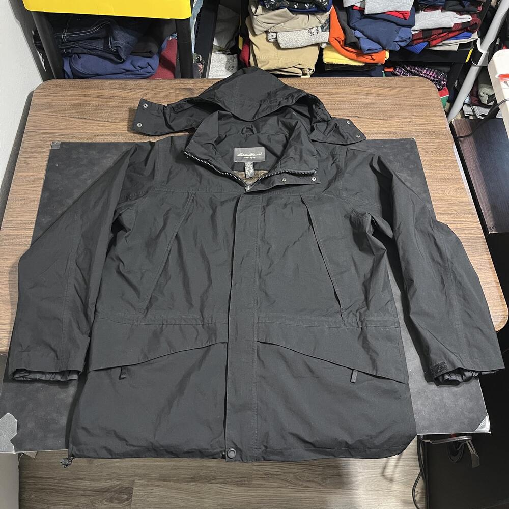 Eddie Bauer Jacket Mens XLT Black Gore Tex Hooded Waterproof Rain Coat Outdoor